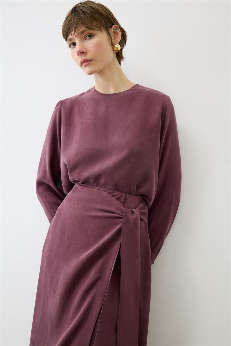 PRIME WASHED SILK DOUBLE BREASTED SKIRT SET BURGUNDY