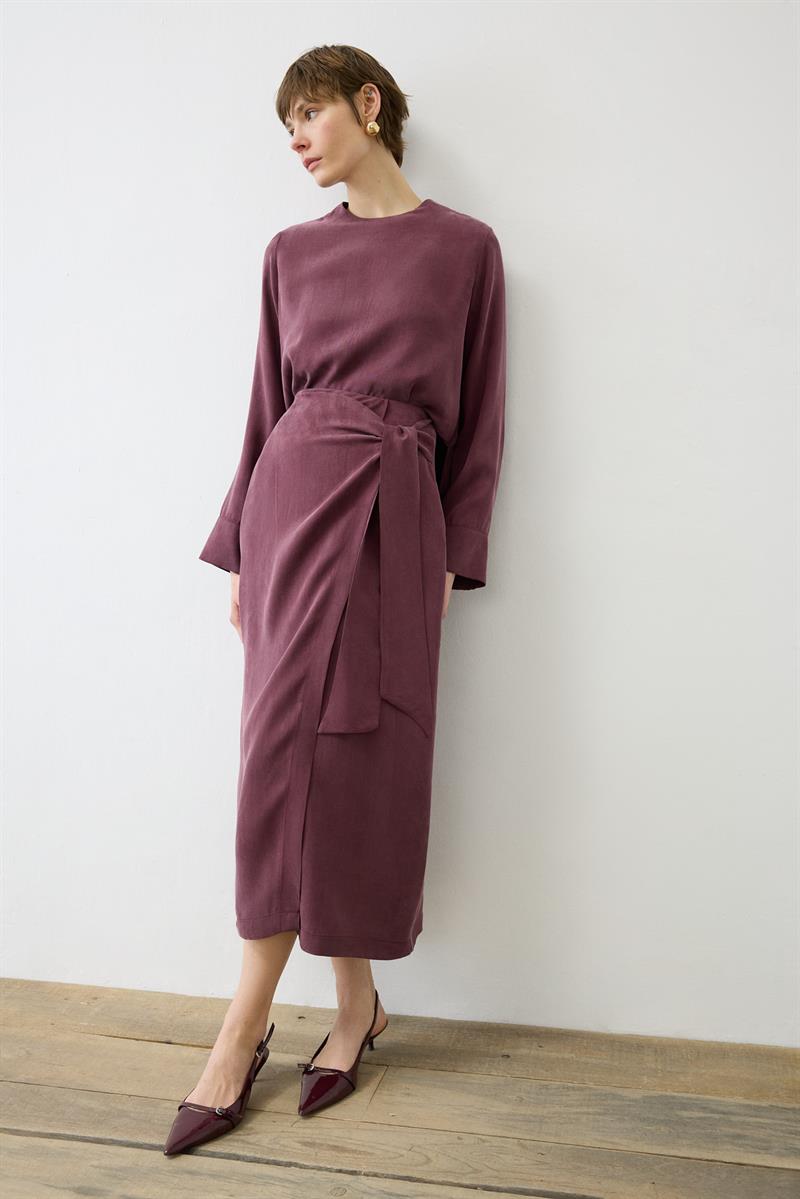 PRIME WASHED SILK DOUBLE BREASTED SKIRT SET BURGUNDY