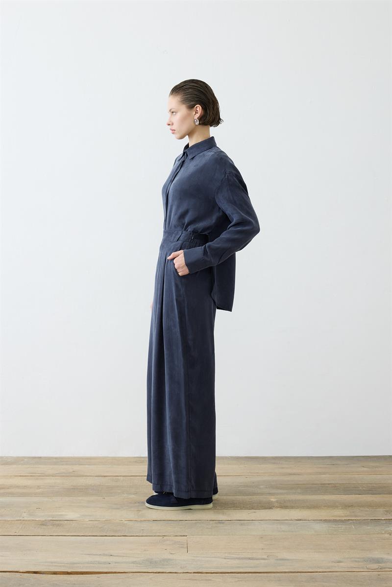 PRİME TAŞLANMIŞ İPEK PİLE DETAY PANTOLON GÖMLEK TAKIM LACİVERT