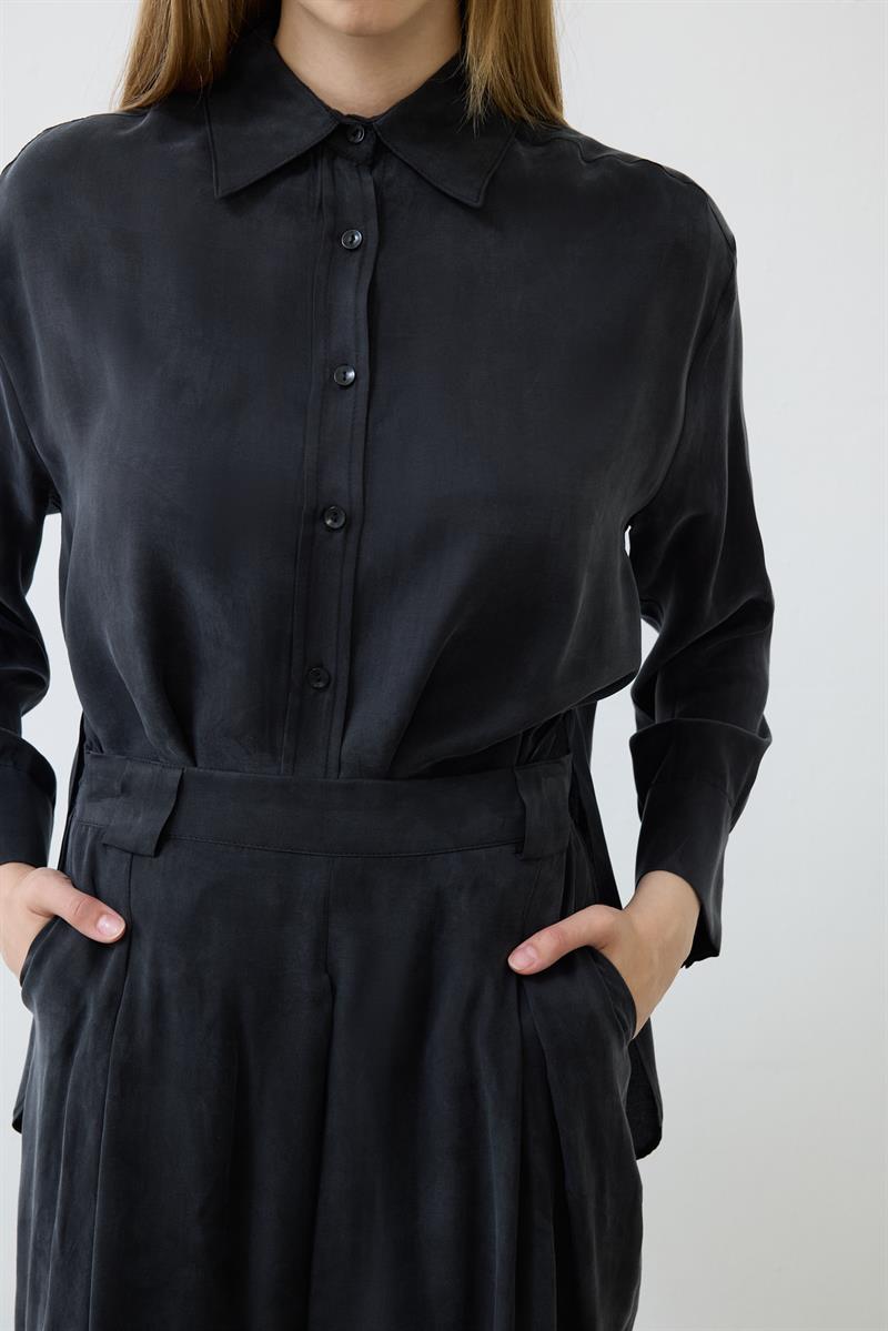 PRIME WASHED SILK PLEATED SHIRT PANTS SET BLACK