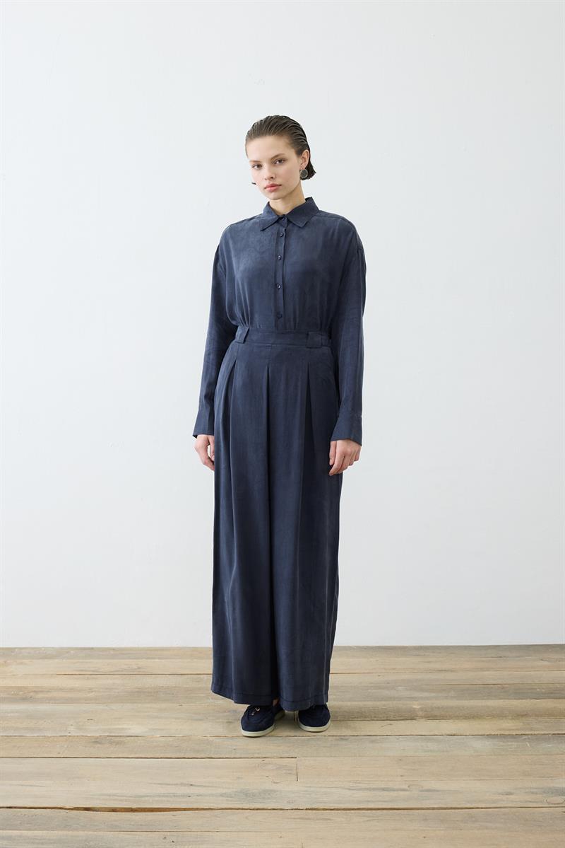 PRİME TAŞLANMIŞ İPEK PİLE DETAY PANTOLON GÖMLEK TAKIM LACİVERT