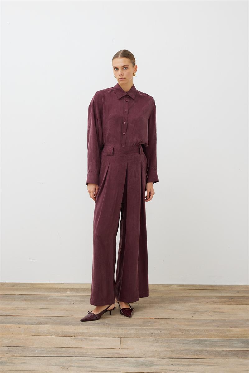 PRIME WASHED SILK PLEATED SHIRT PANTS SET BURGUNDY