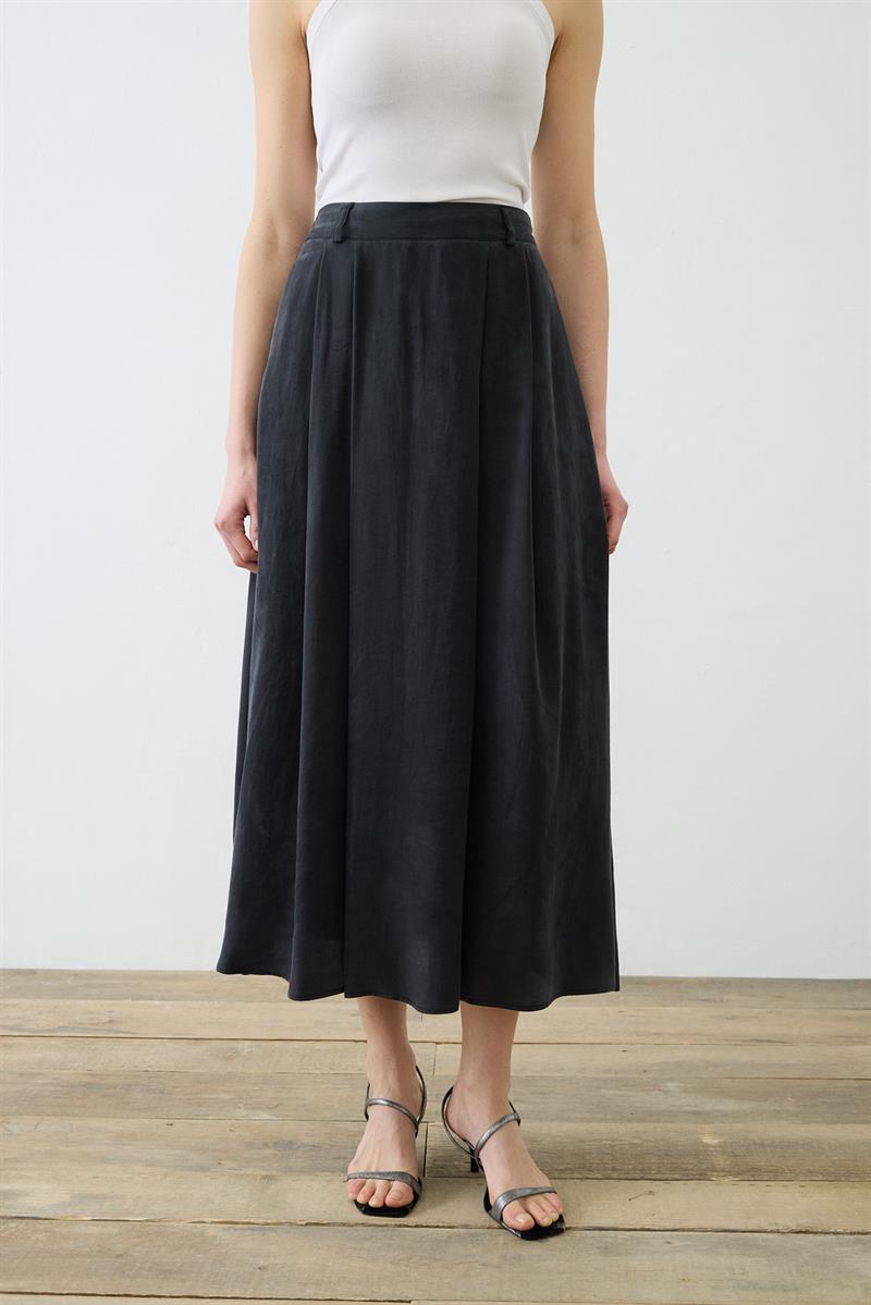 PRİME TAŞLANMIŞ İPEK PİLELİ ETEK  SİYAH