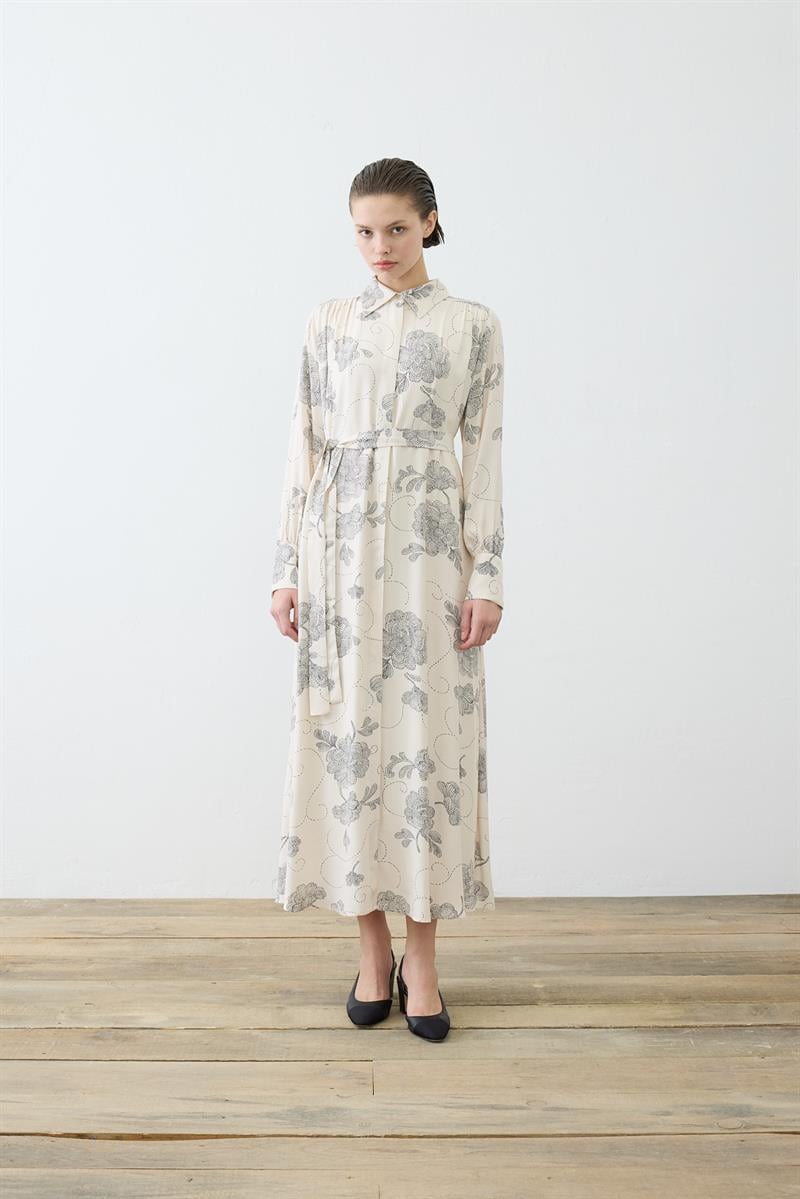 RITZ DESENLİ RAYON VİSKON GÖMLEK ELBİSE TAŞ