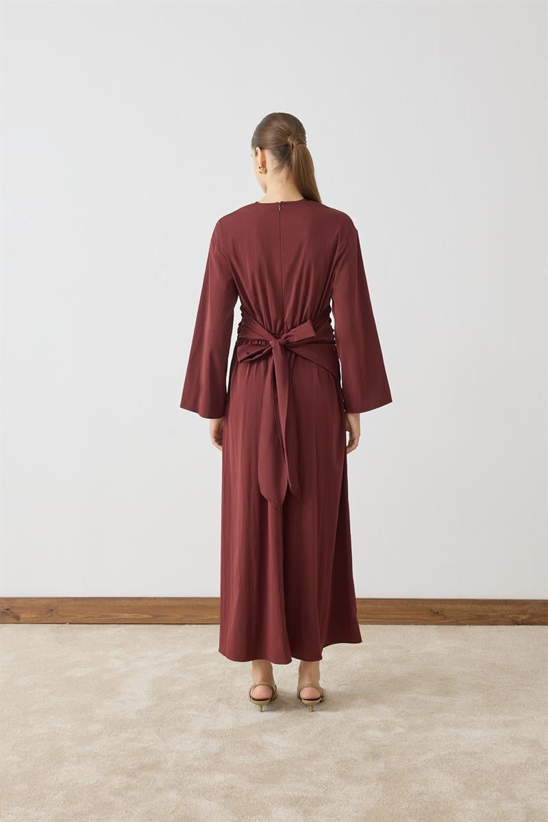 ROSE BÜZGÜLÜ DETAYLI ELBİSE BORDO