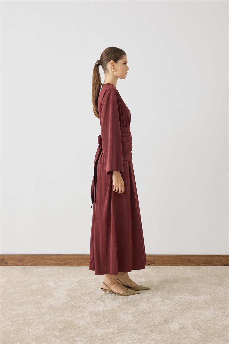 ROSE BÜZGÜLÜ DETAYLI ELBİSE BORDO
