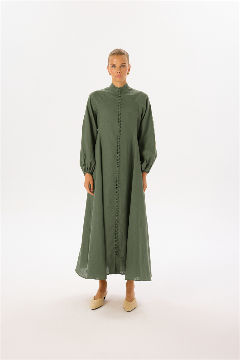 ROYAL %100 KETEN BRİT DÜĞMELİ ELBİSE HAKİ