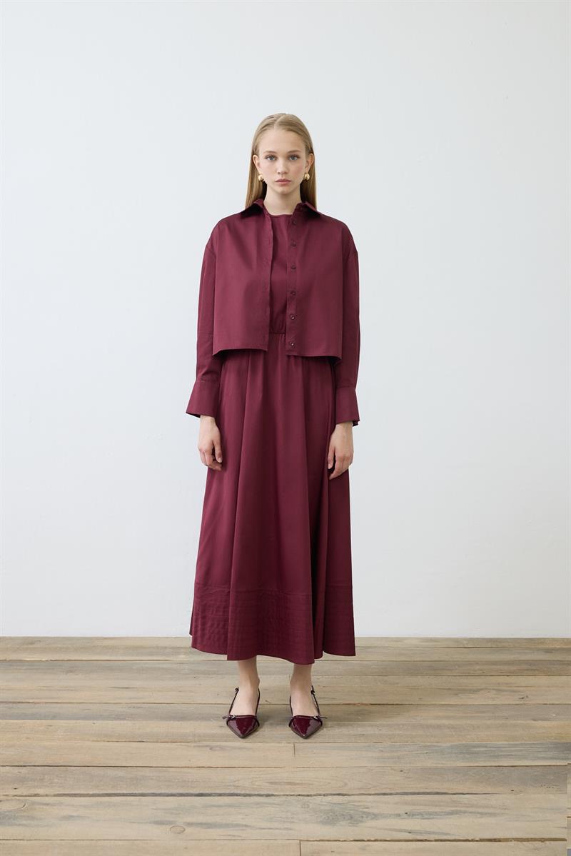 ROYAL COTTON SLEEVELESS SPORTS STITCH FLARED DRESS BURGUNDY