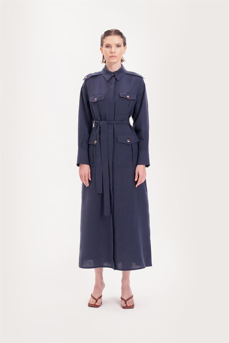 SAFARI %100 LINEN POCKET DRESS NAVY BLUE
