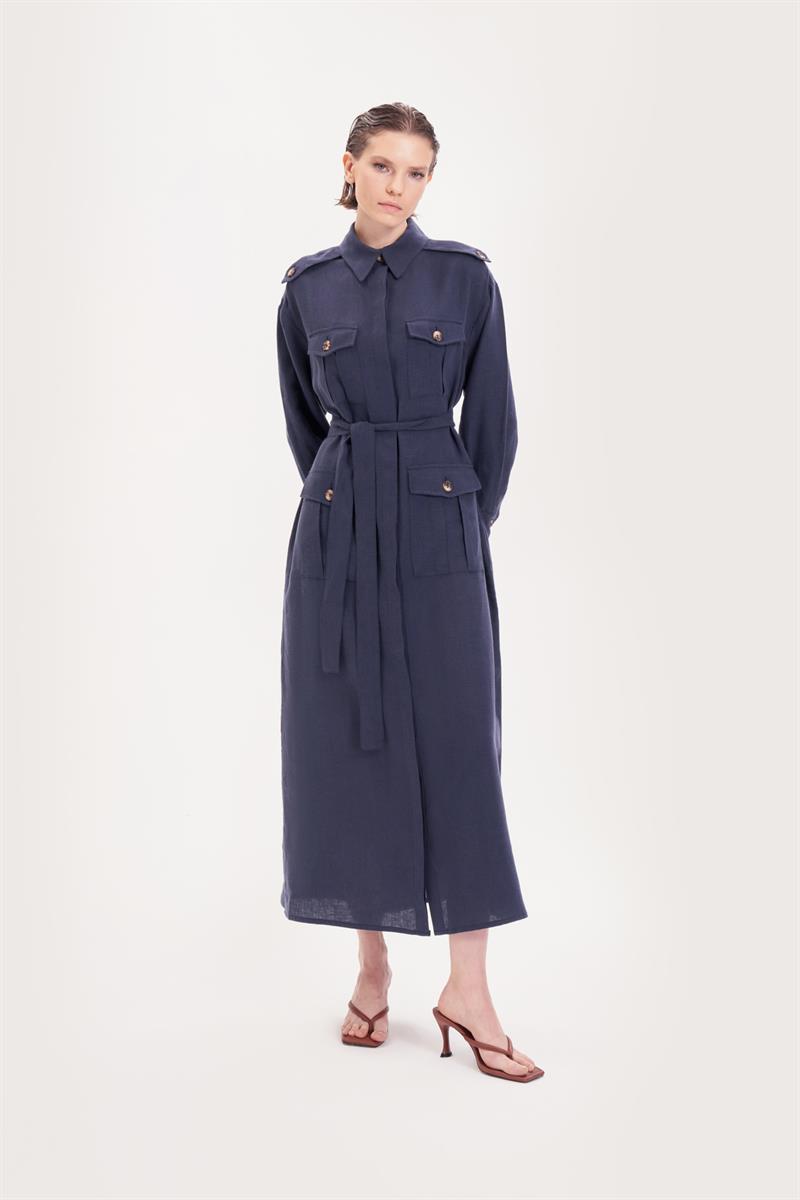 SAFARI %100 LINEN POCKET DRESS NAVY BLUE