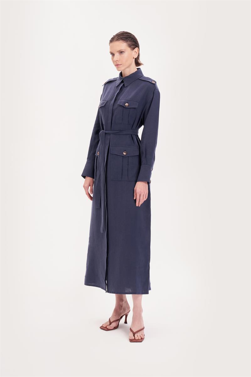 SAFARI %100 LINEN POCKET DRESS NAVY BLUE