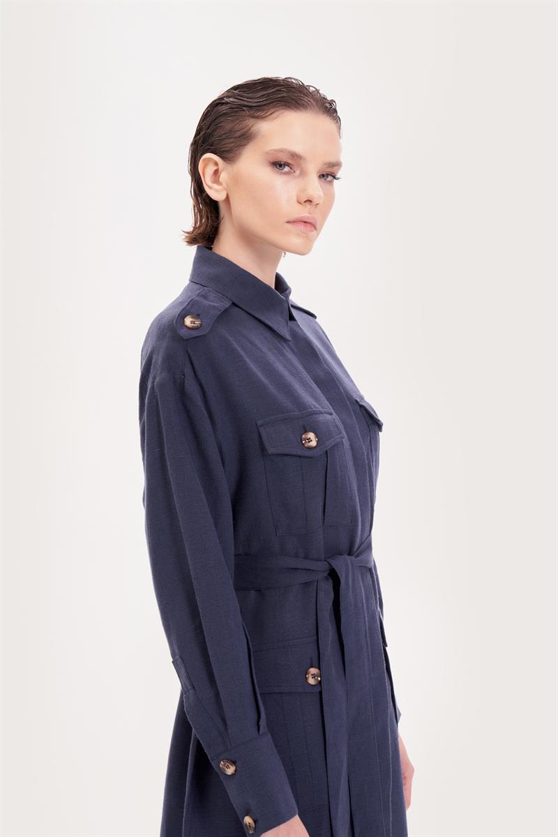SAFARI %100 LINEN POCKET DRESS NAVY BLUE