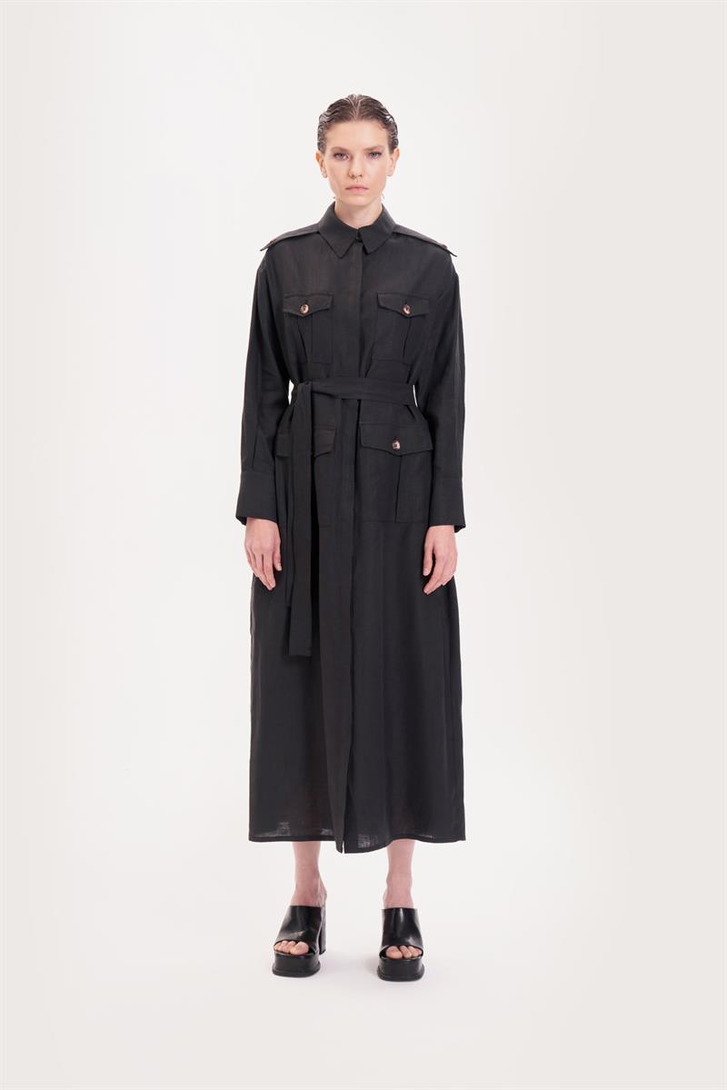 SAFARI 100% LINEN POCKET DRESS BLACK