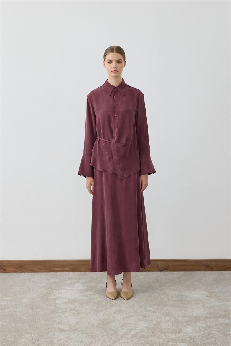SOLE WASHED SILK TIE SKIRT SET BURGUNDY