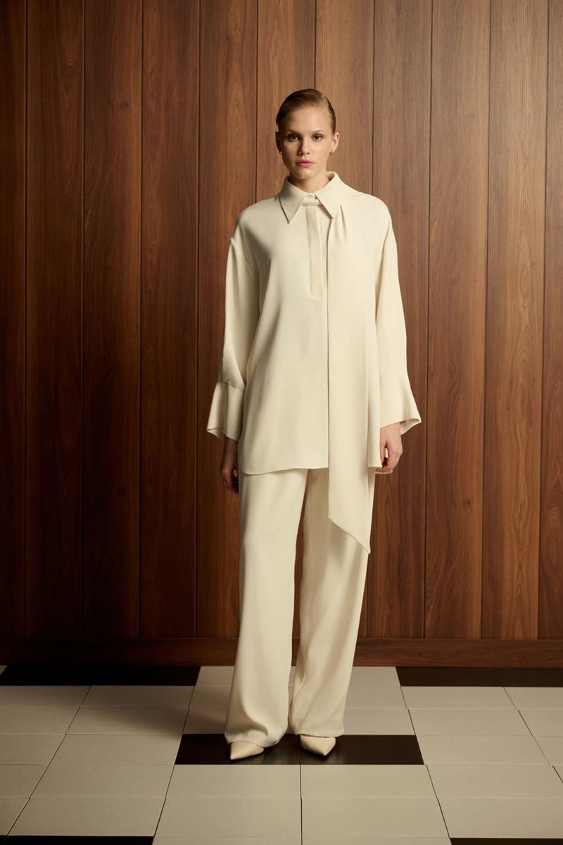 SOLEN SHAWL DETAILED WIDE CUFF PANTS SET VANILLA