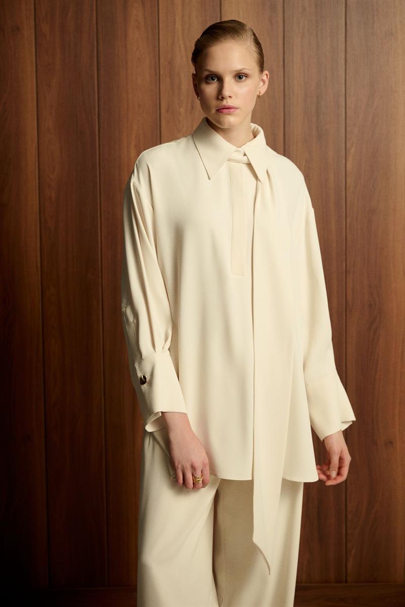 SOLEN SHAWL DETAILED WIDE CUFF PANTS SET VANILLA