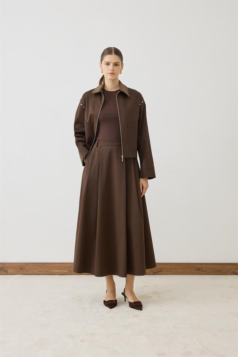 SPARK PEARL DETAILED SKIRT SET BROWN
