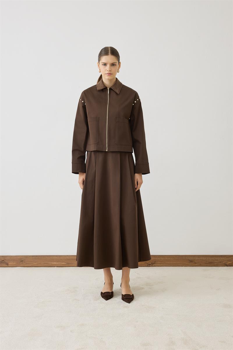 SPARK PEARL DETAILED SKIRT SET BROWN