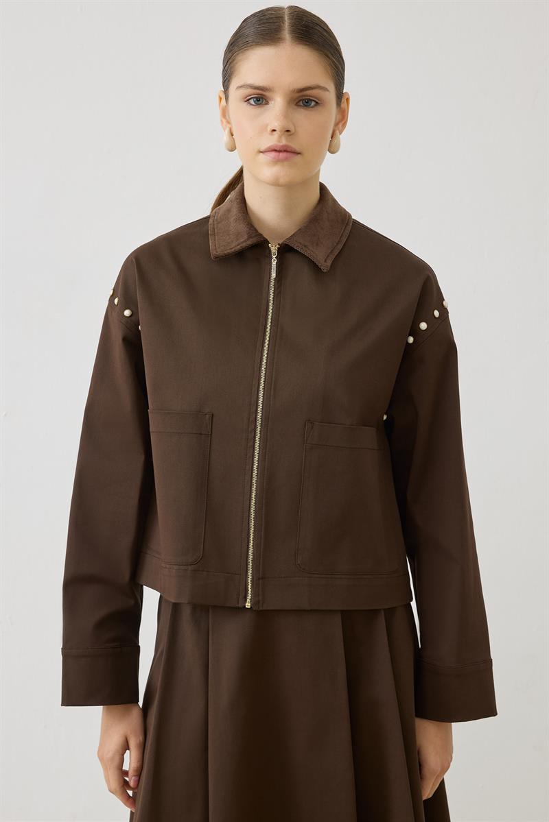SPARK PEARL DETAILED SKIRT SET BROWN