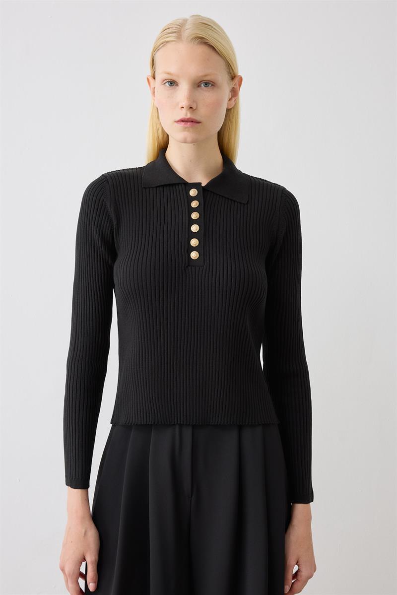 STONE TRİKO POLO YAKA KAZAK SİYAH