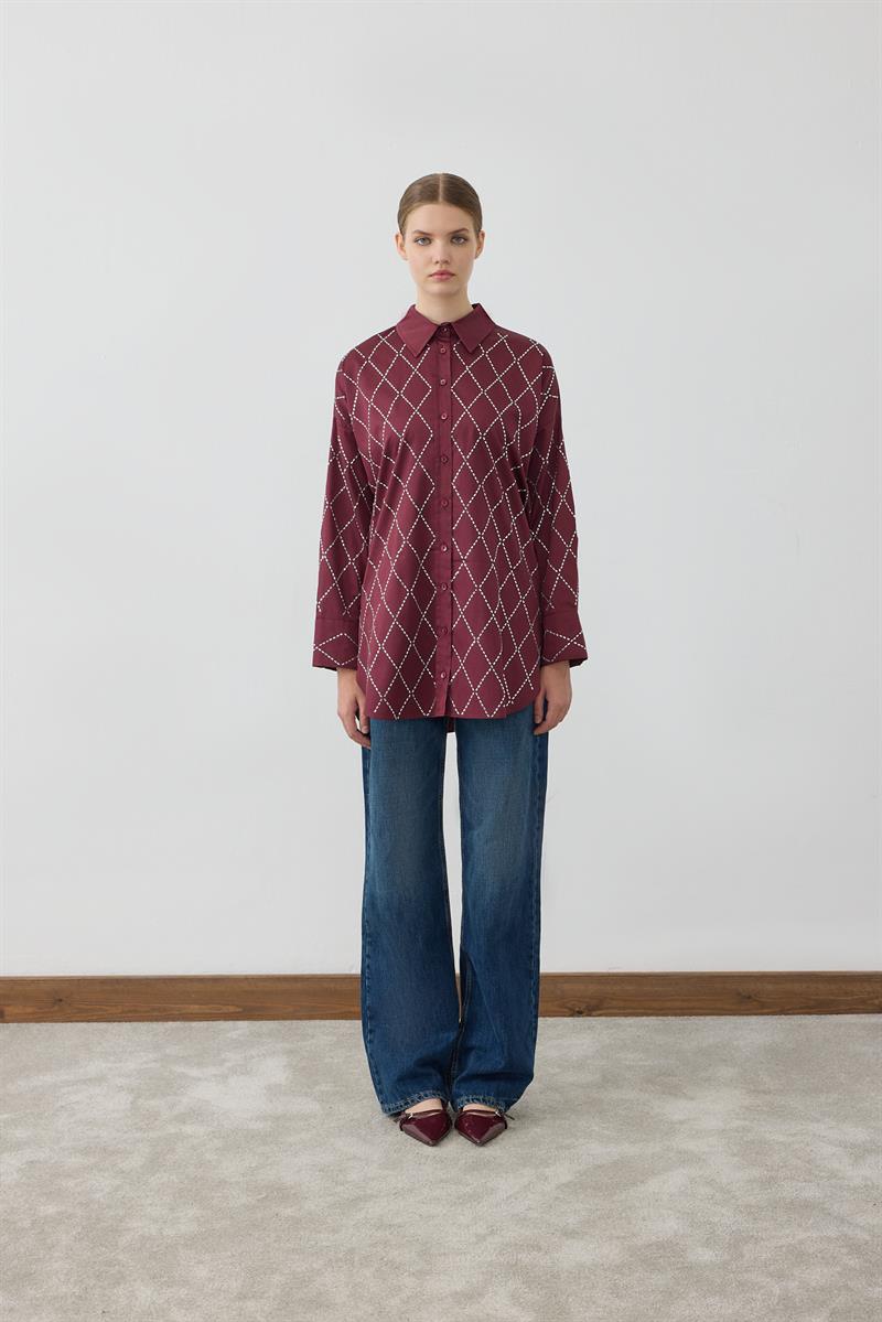 STRAZ TAŞ DETAYLI GÖMLEK BORDO