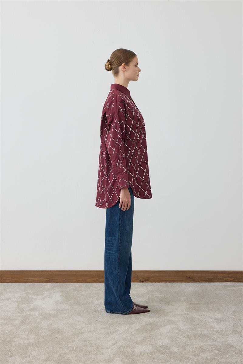 STRAZ TAŞ DETAYLI GÖMLEK BORDO