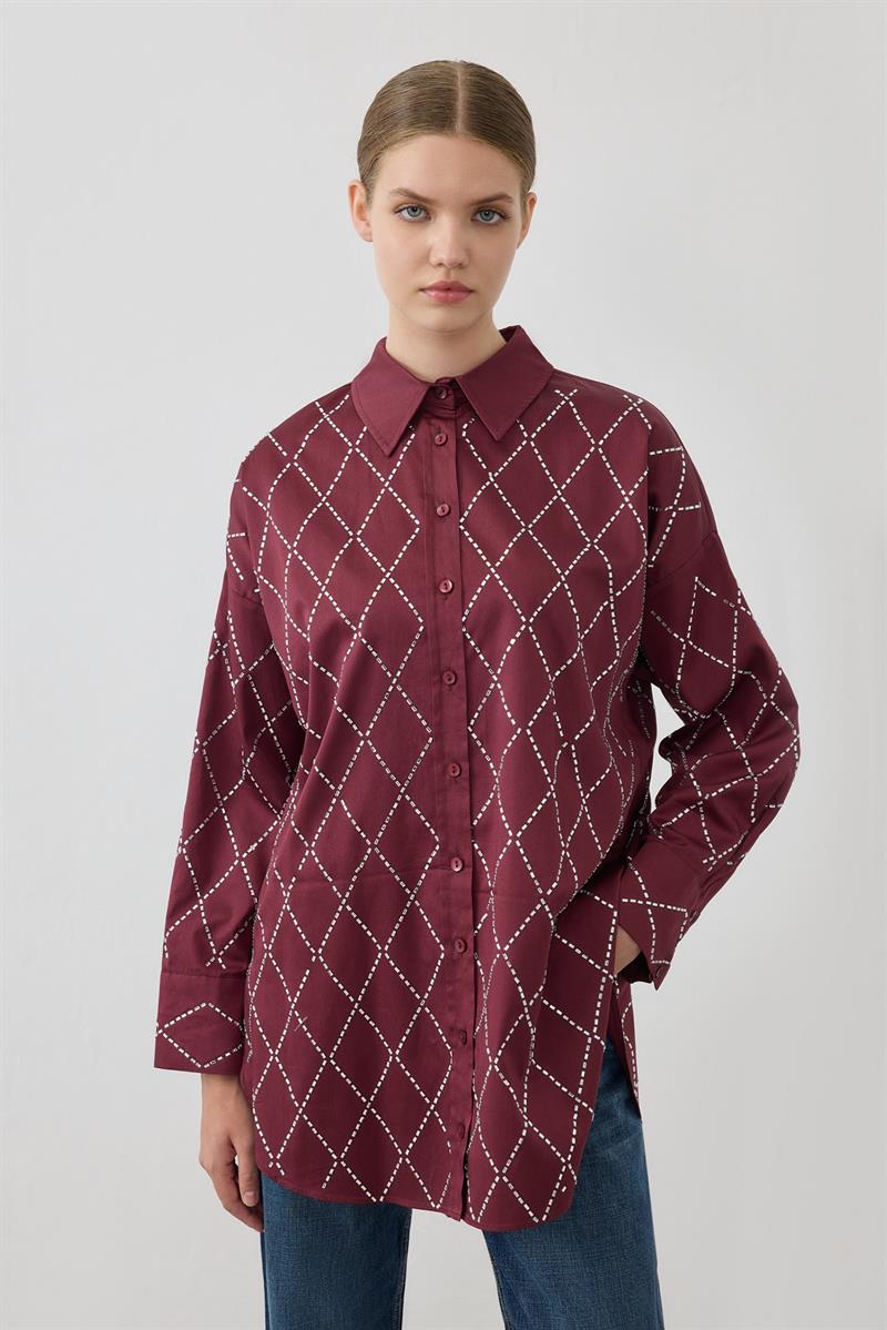 STRAZ TAŞ DETAYLI GÖMLEK BORDO