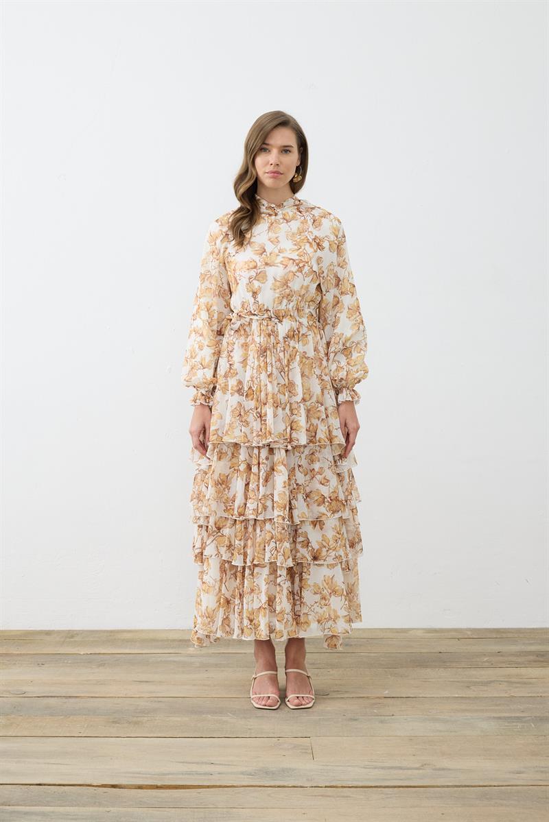 SUCRE DESENLİ ŞİFON KAT KAT ELBİSE SARI