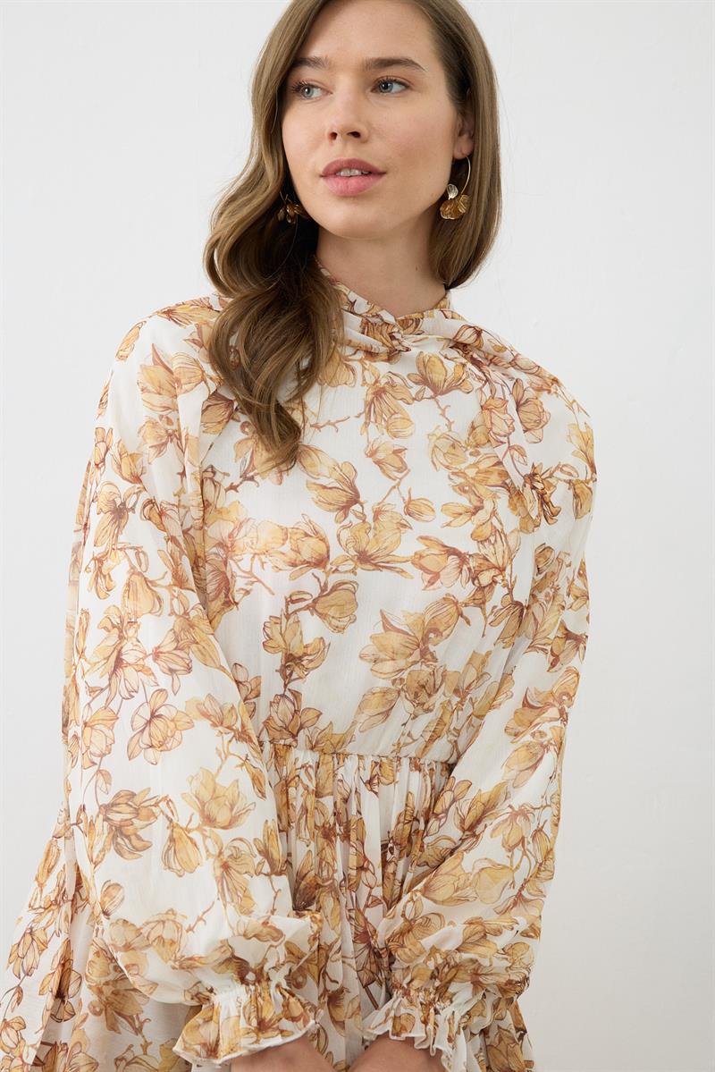 SUCRE DESENLİ ŞİFON KAT KAT ELBİSE SARI