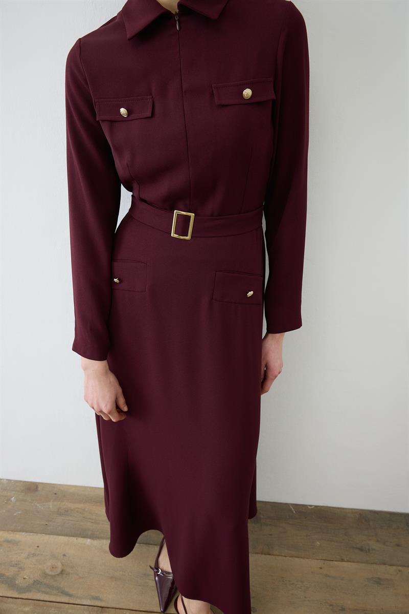 VALEN CEPLİ KREP ELBİSE BORDO