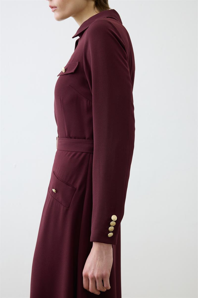 VALEN CEPLİ KREP ELBİSE BORDO