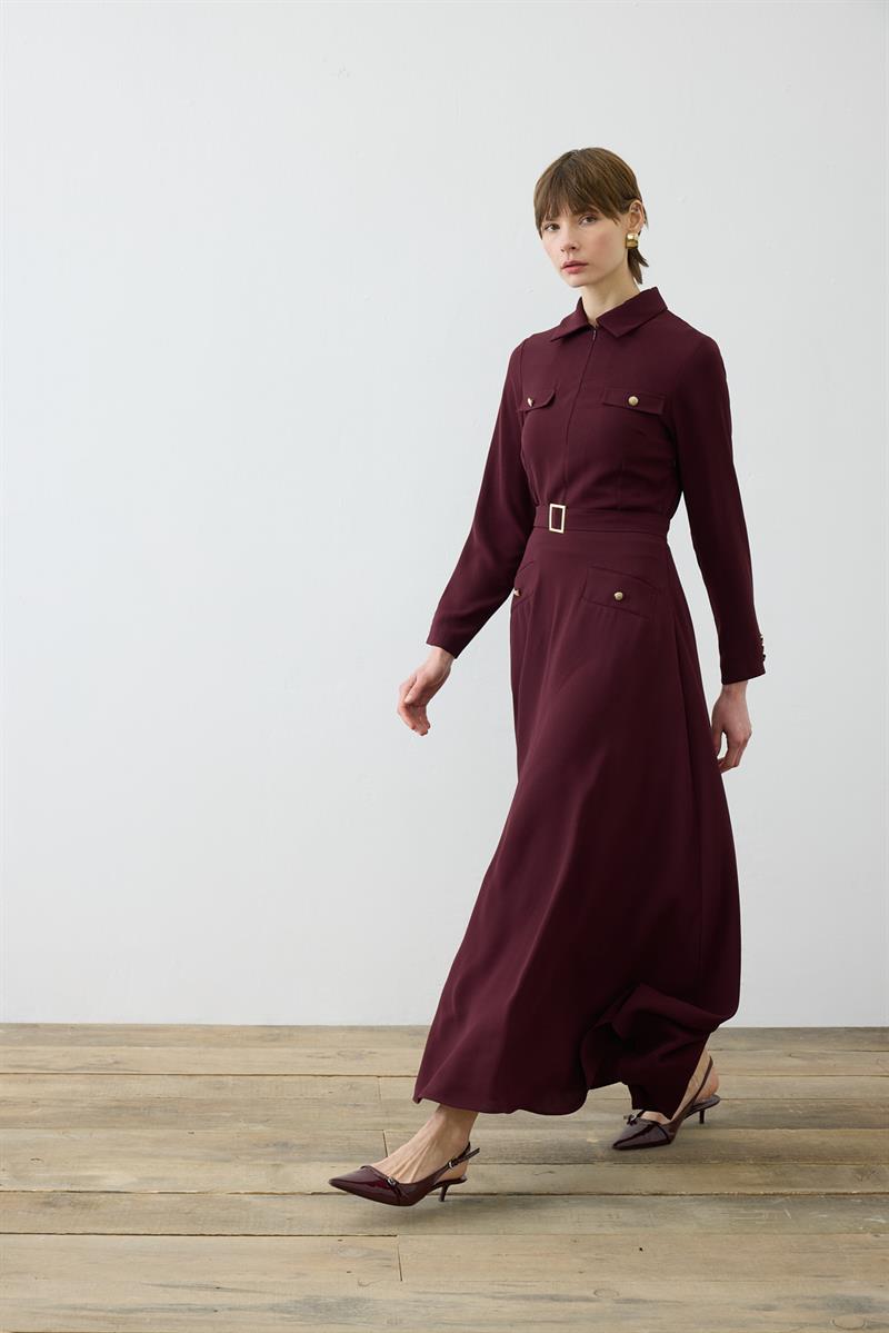 VALEN CEPLİ KREP ELBİSE BORDO