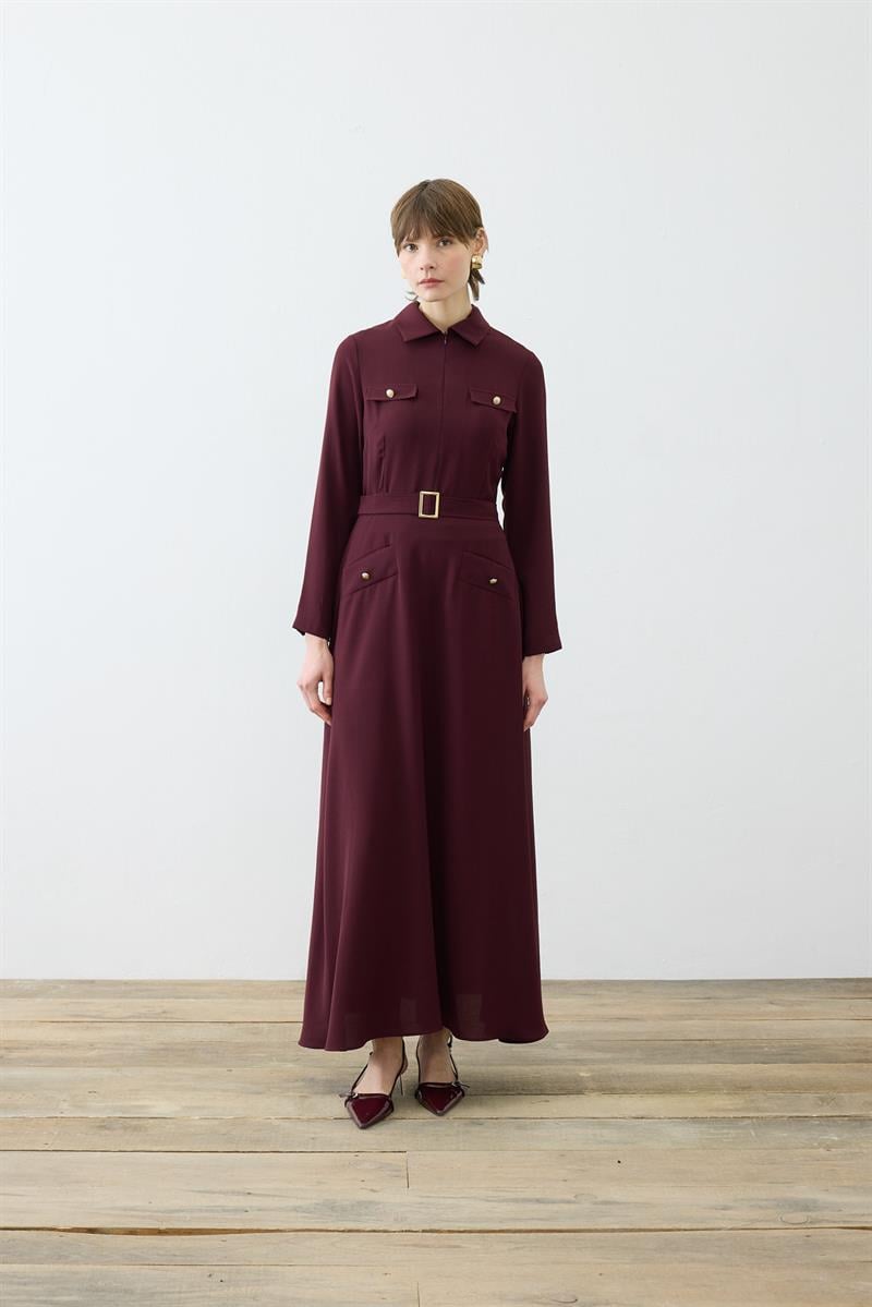 VALEN CEPLİ KREP ELBİSE BORDO