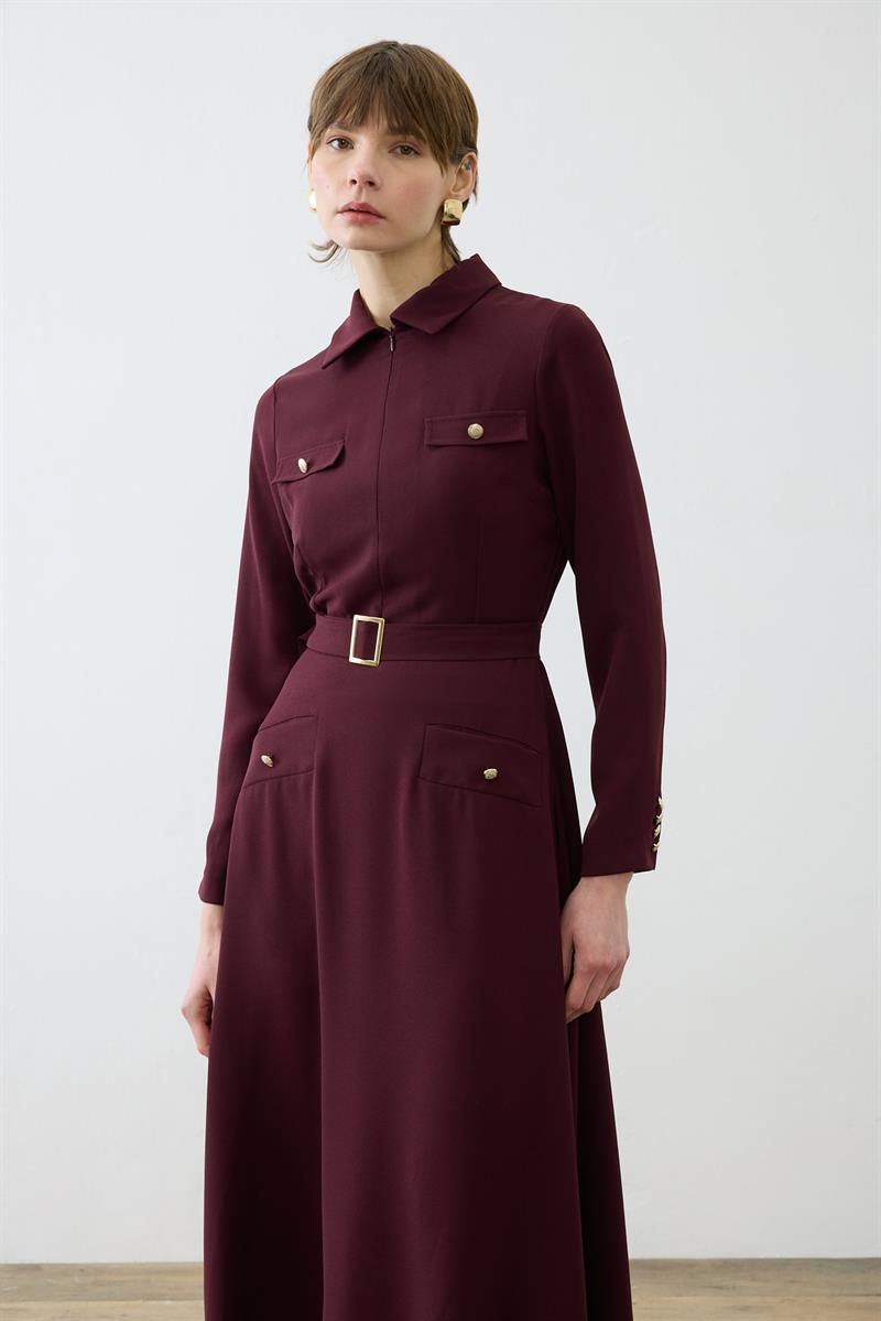 VALEN CEPLİ KREP ELBİSE BORDO