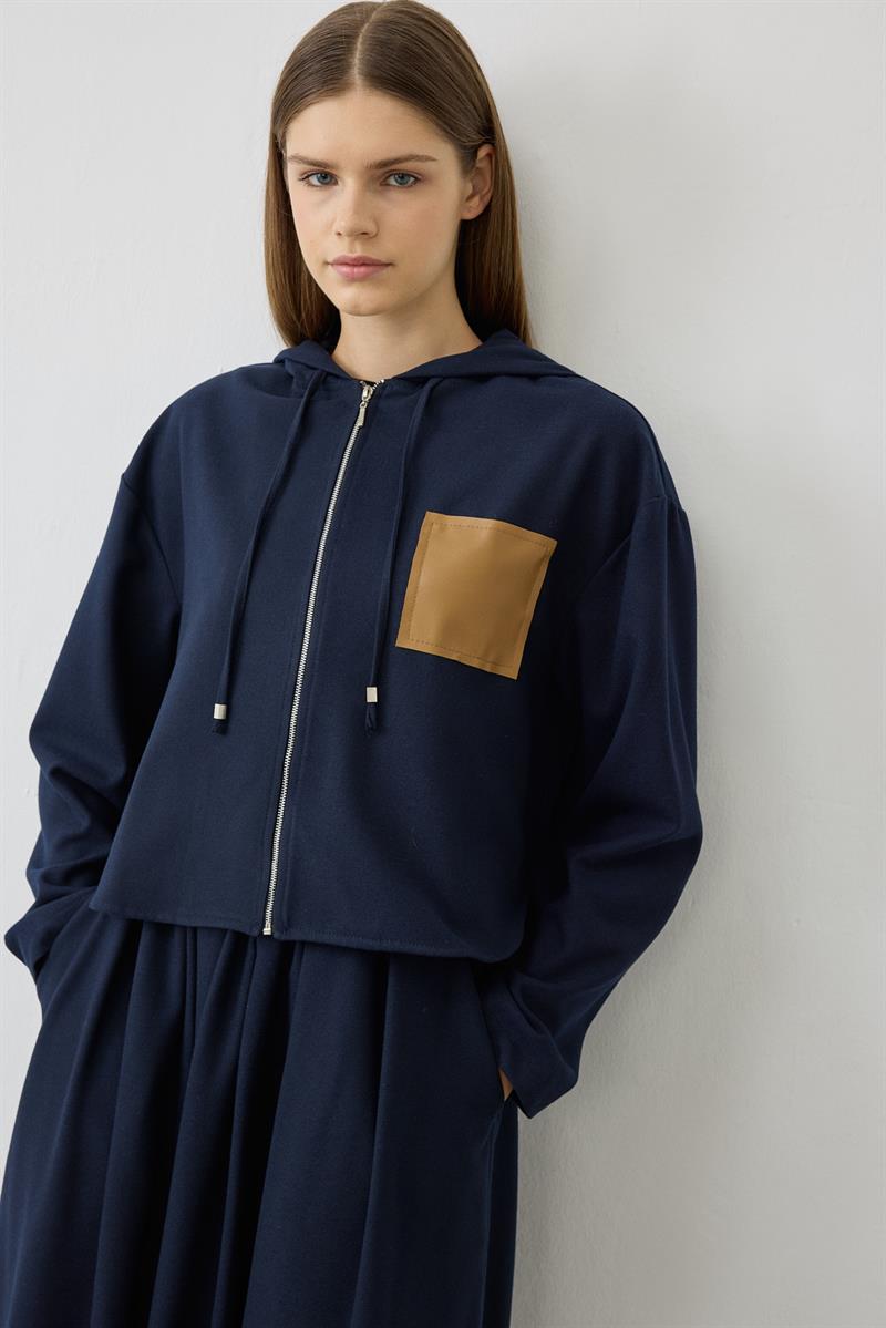 VALLE DERİ CEP DETAYLI ETEKLİ TAKIM LACİVERT