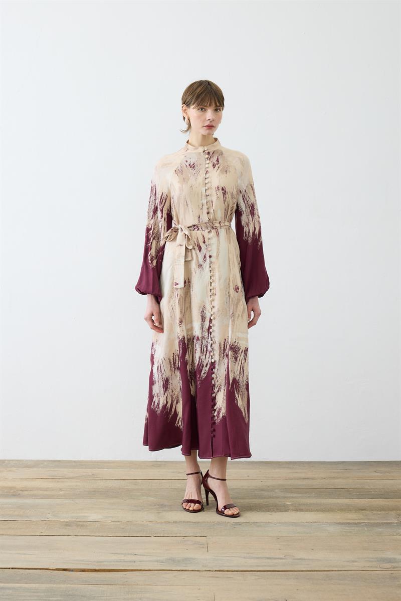 VALLE DESENLİ RAYON VİSKON BRİTLİ ELBİSE BORDO