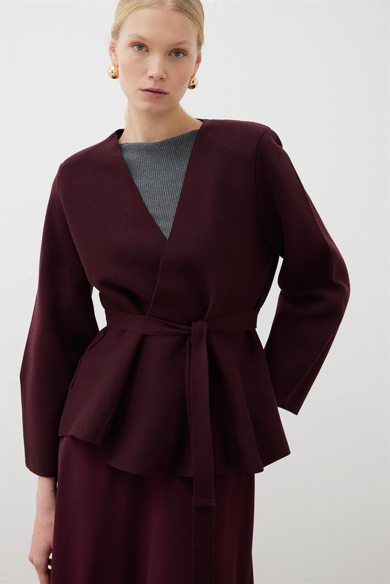 VERA STEEL KNIT PEPLUM CARDIGAN BURGUNDY