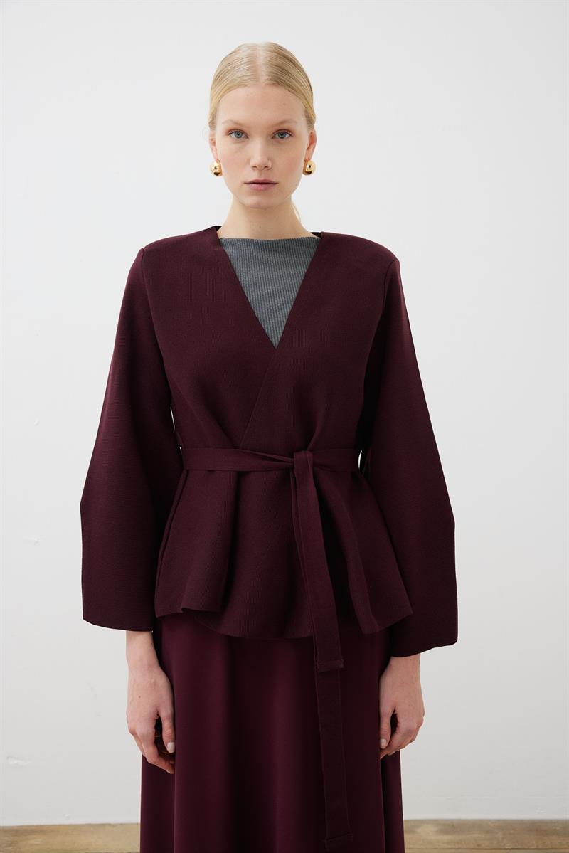 VERA STEEL KNIT PEPLUM CARDIGAN BURGUNDY