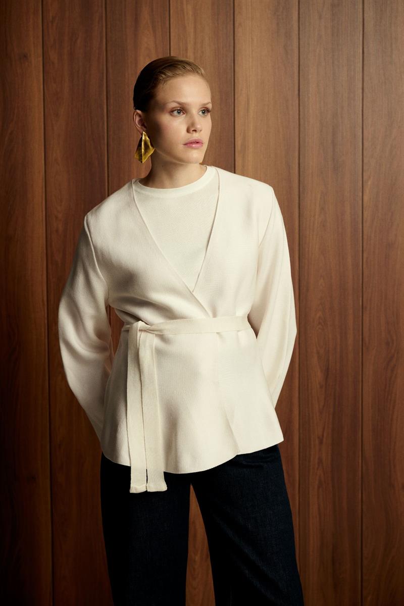 VERA ÇELİK ÖRME PEPLUM HIRKA EKRU