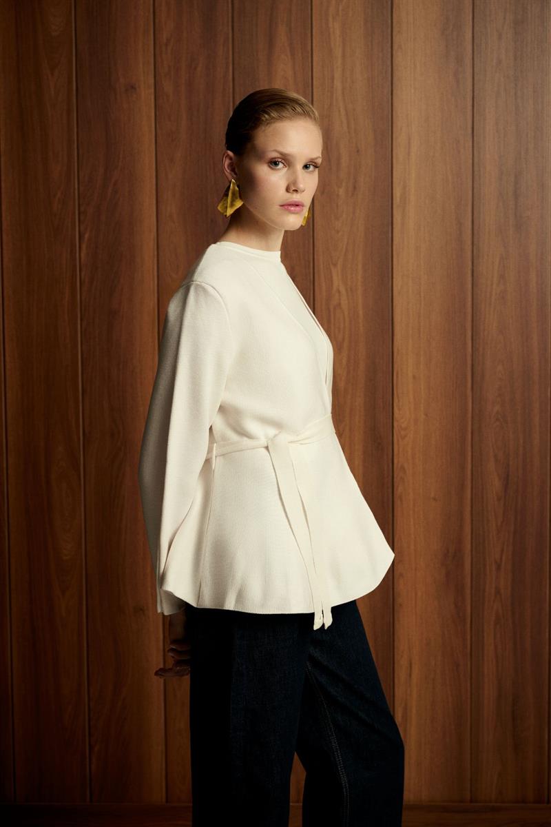 VERA ÇELİK ÖRME PEPLUM HIRKA EKRU