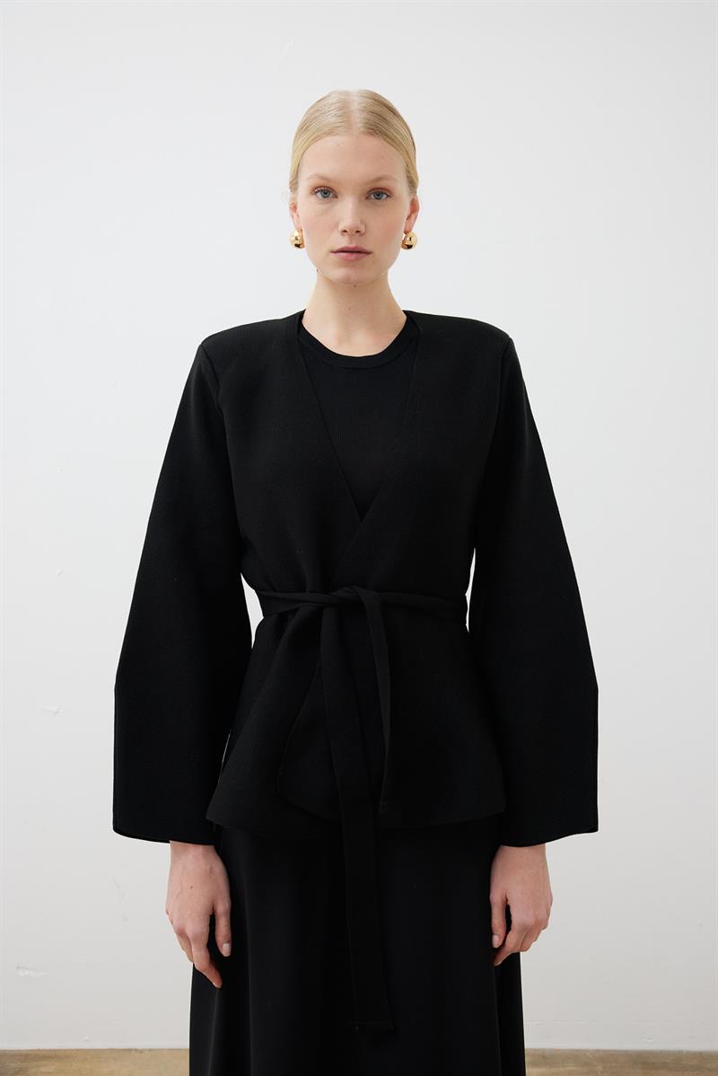 VERA STEEL KNIT PEPLUM CARDIGAN BLACK