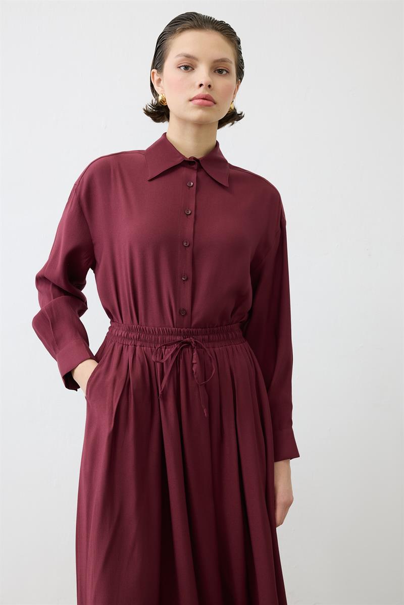 VERA VİSKON LASTİKLİ ETEK - OVAL GÖMLEK TAKIM BORDO