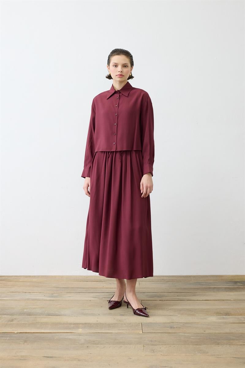 VERA VİSKON LASTİKLİ ETEK - OVAL GÖMLEK TAKIM BORDO