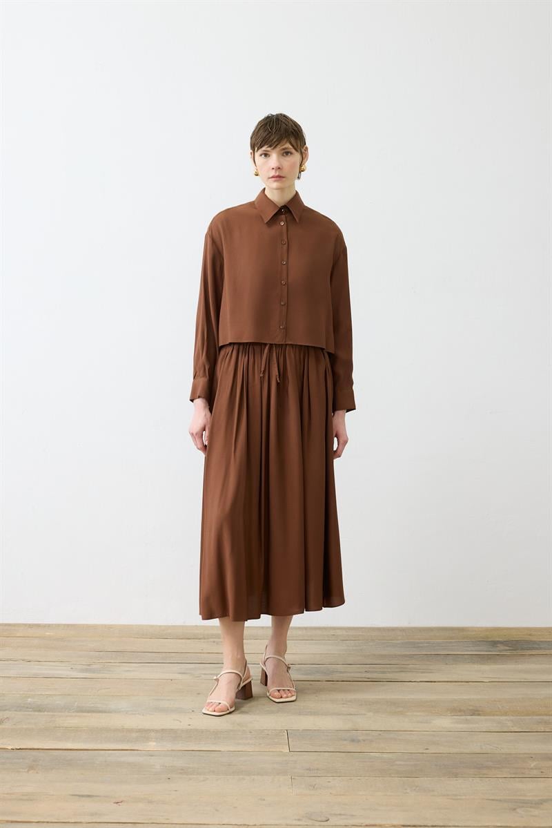 VERA VİSKON LASTİKLİ ETEK - OVAL GÖMLEK TAKIM KAHVE