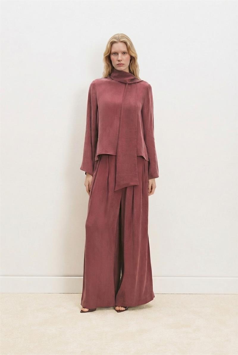 VOLEN ŞAL DETAYLI PANTOLONLU TAKIM BORDO