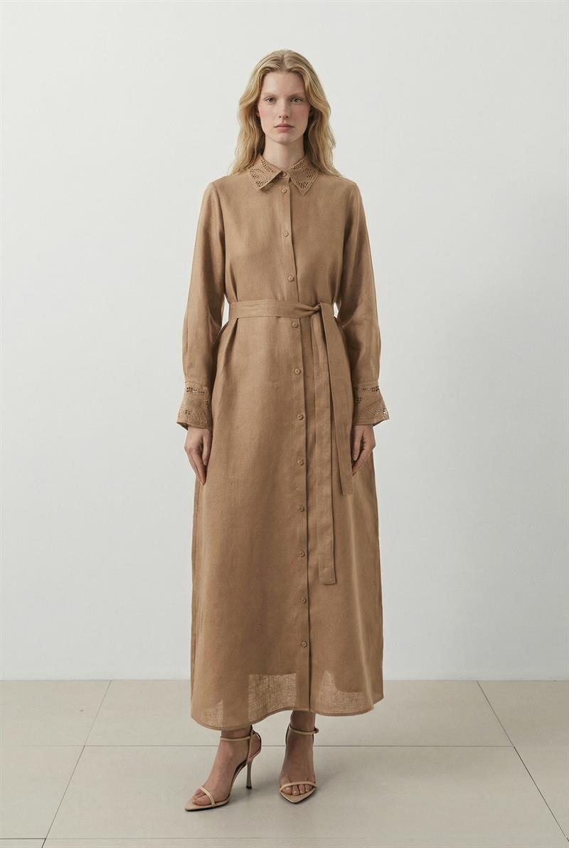 YAKA NAKIŞ DETAYLI %100 KETEN GÖMLEK ELBİSE ETUP