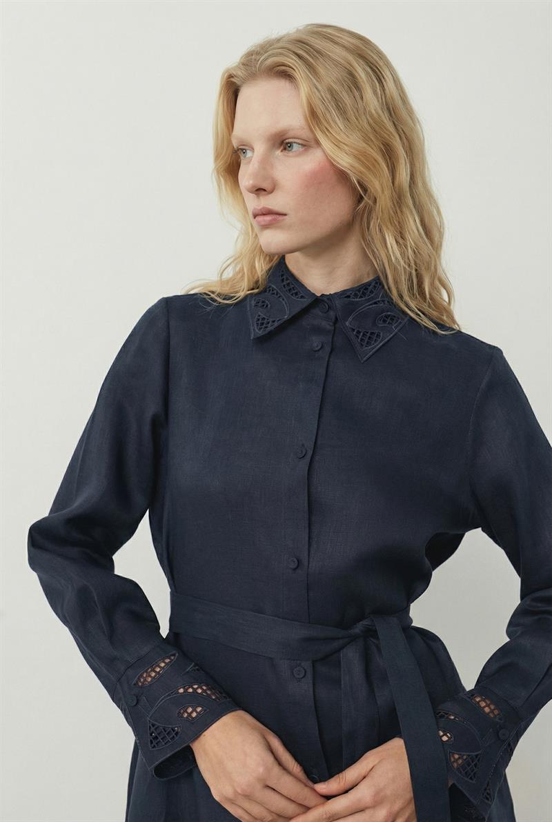 YAKA NAKIŞ DETAYLI %100 KETEN GÖMLEK ELBİSE LACİVERT