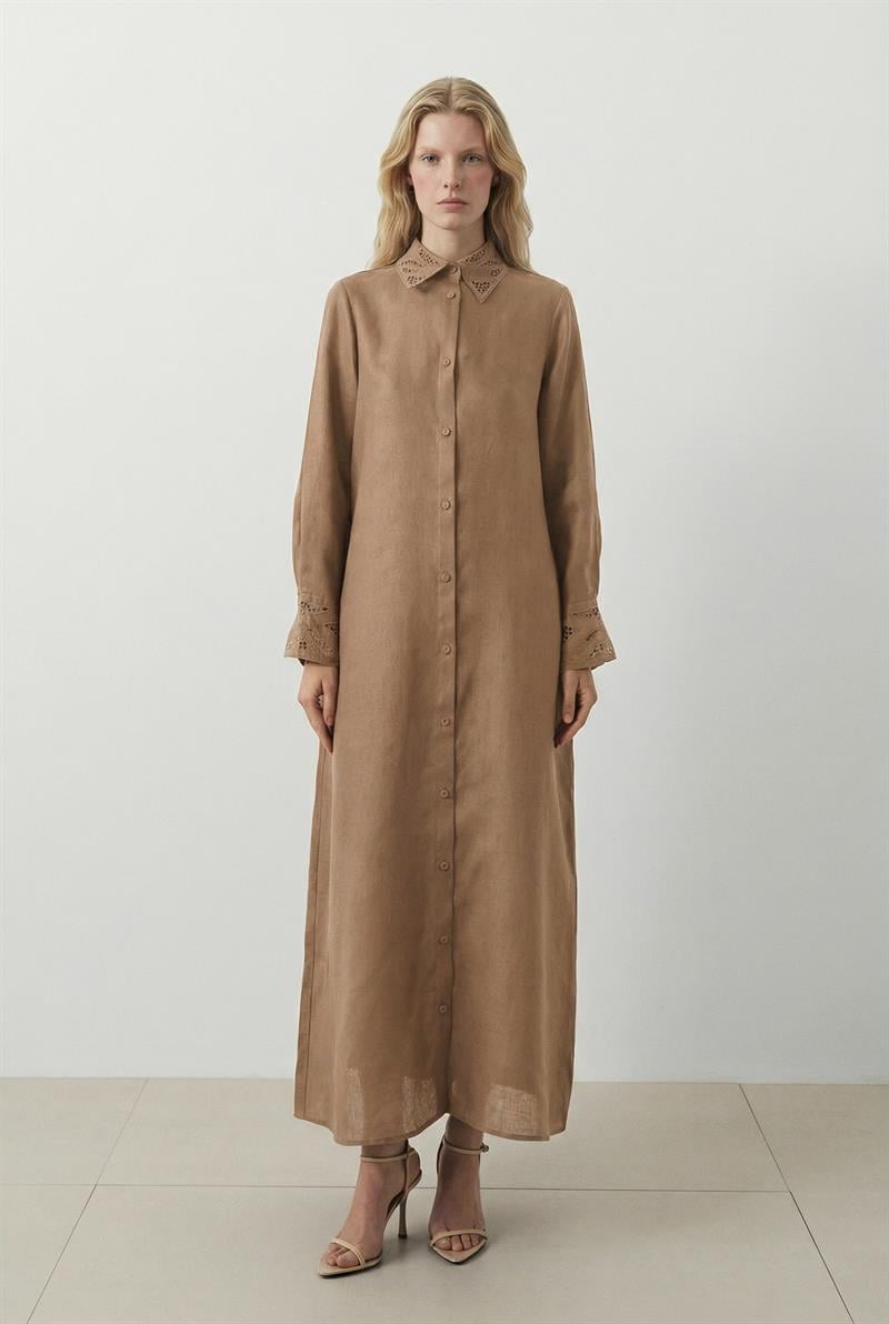 YAKA NAKIŞ DETAYLI %100 KETEN GÖMLEK ELBİSE ETUP