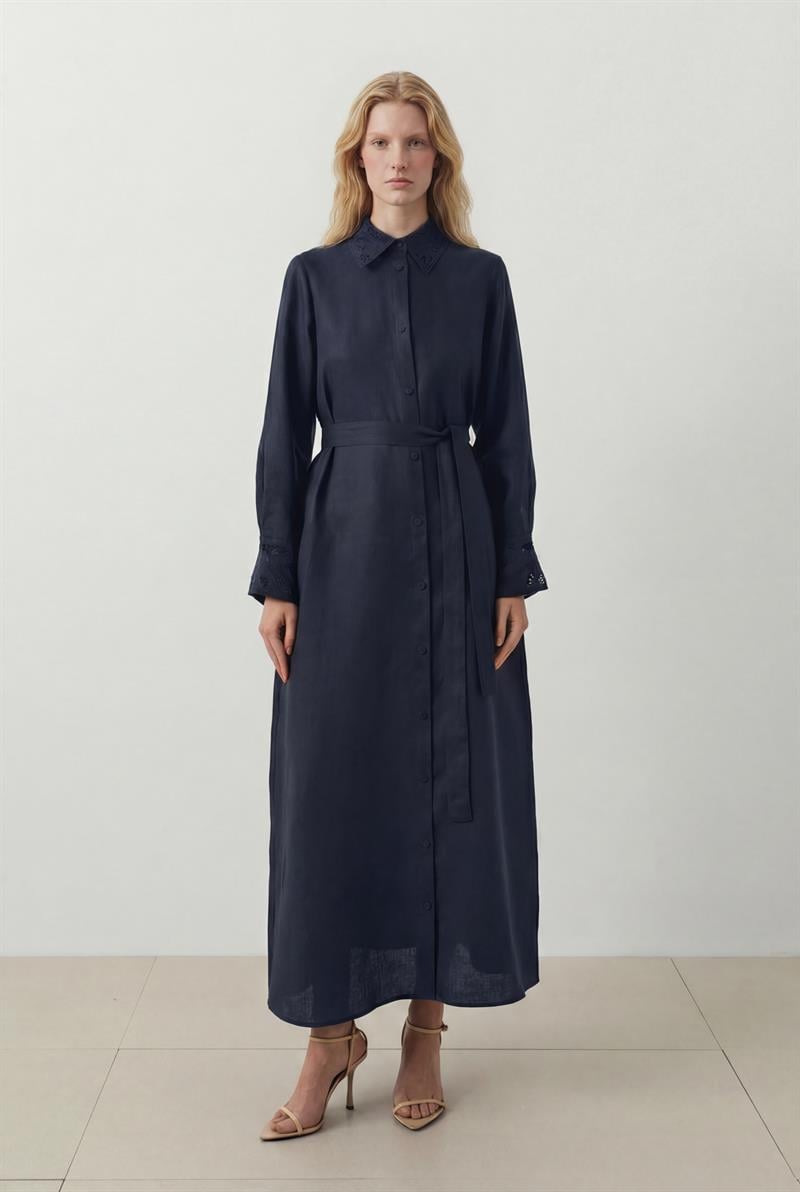 YAKA NAKIŞ DETAYLI %100 KETEN GÖMLEK ELBİSE LACİVERT