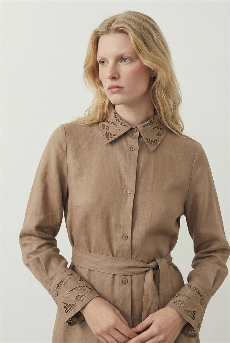 YAKA NAKIŞ DETAYLI %100 KETEN GÖMLEK ELBİSE ETUP